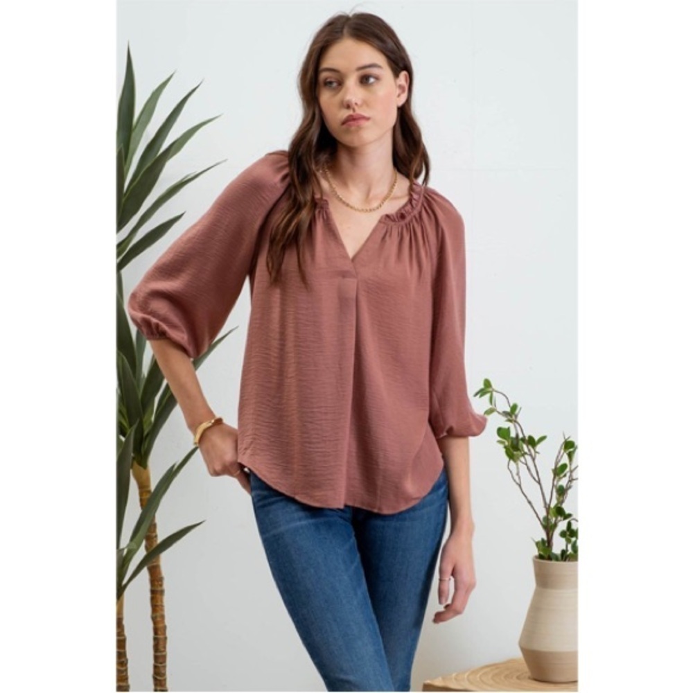 NWT BLU PEPPER Rust Peasant Split Neck Balloon Sleeve Blouse M